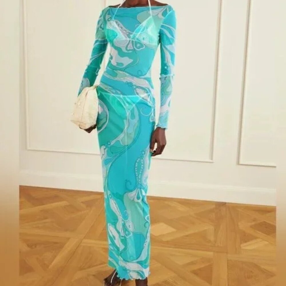 PUCCI Ruffled printed tulle maxi dress - Turquoise